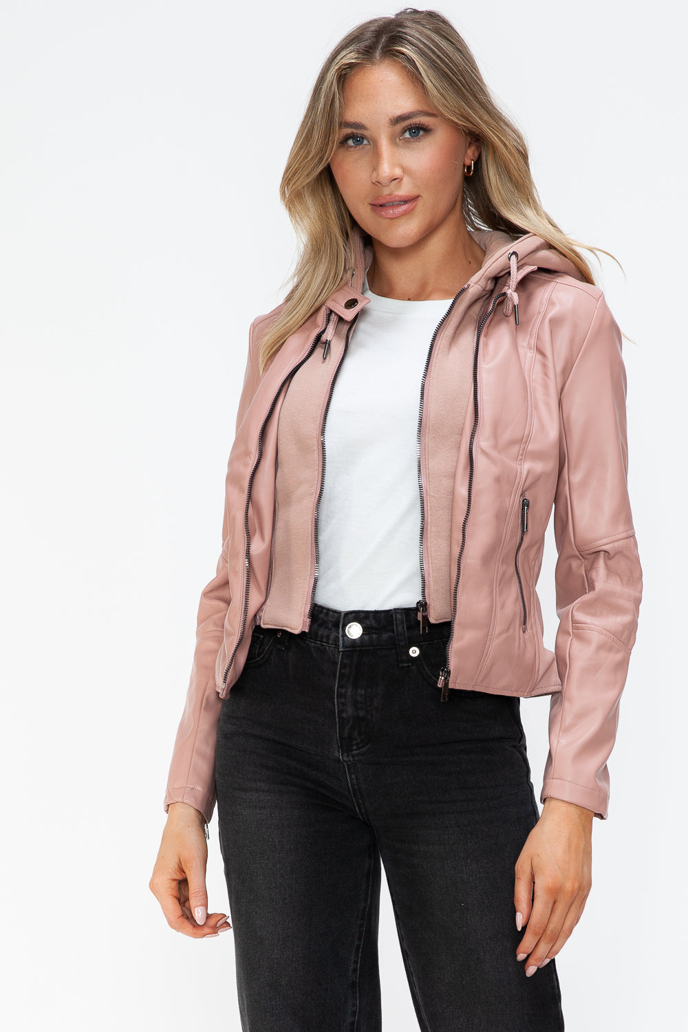 Snobbish Faux Leather Zip Up Drawstring Hooded Jacket - Teresa's Fashionista LLC