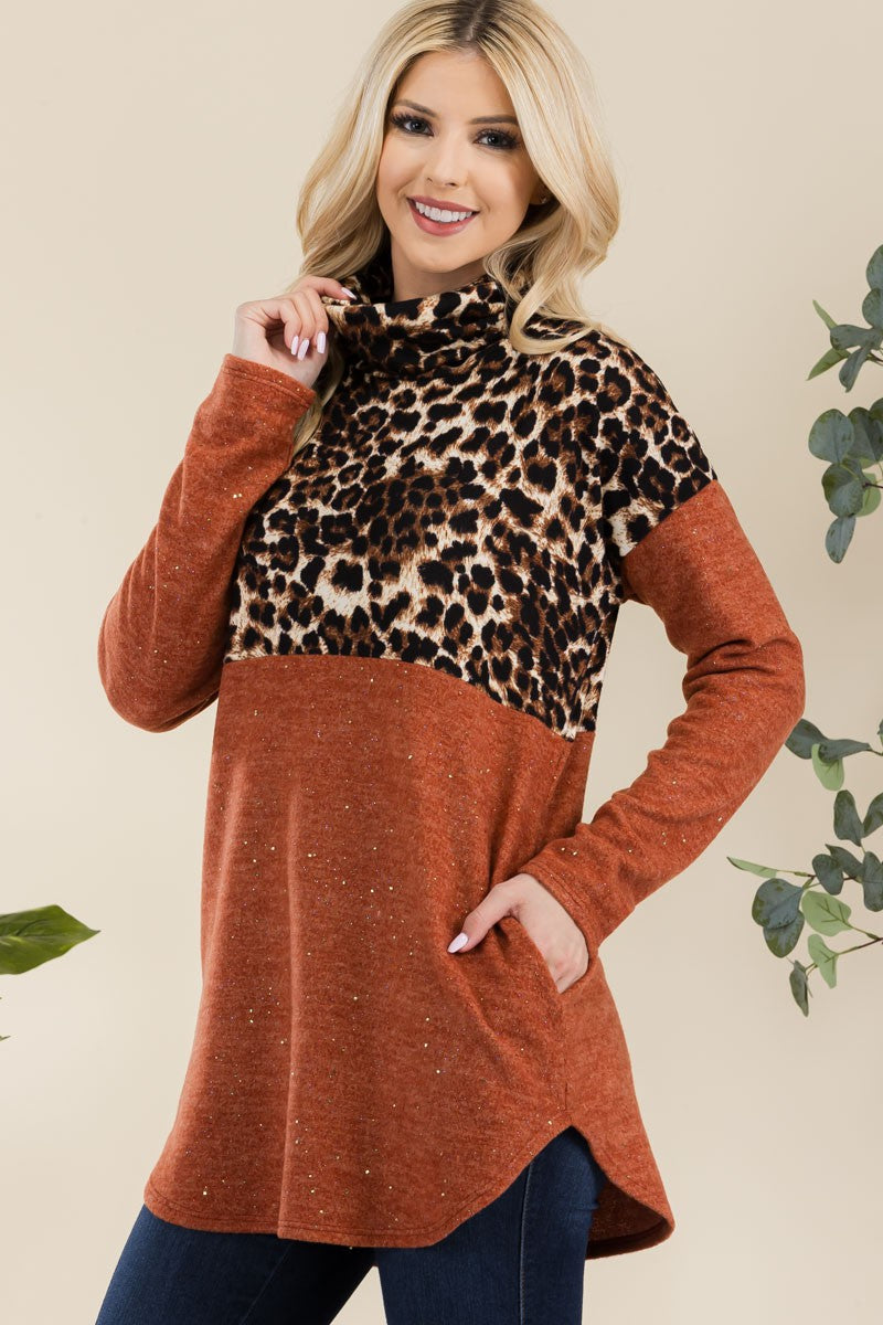 Celeste Full Size Curved Hem Leopard Turtleneck Long Sleeve Blouse - Teresa's Fashionista LLC