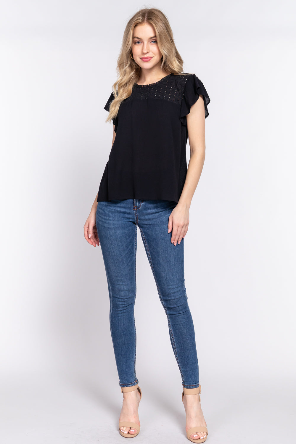 ACTIVE BASIC Ruffle Short Sleeve Crochet Blouse-Teresa&#39;s Fashionista LLC