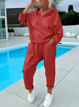 Women's Solid Color Hooded Sweatshirt Two-piece Set - Teresa's Fashionista LLC