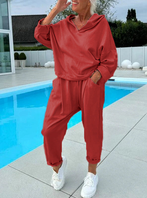 Women's Solid Color Hooded Sweatshirt Two-piece Set - Teresa's Fashionista LLC