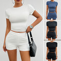 Solid Color Slim Sports Suit Summer 2Pcs Short-sleeved Round Neck T-shirt And Elastic Shorts Fashion Womens Clothing - Teresa's Fashionista LLC