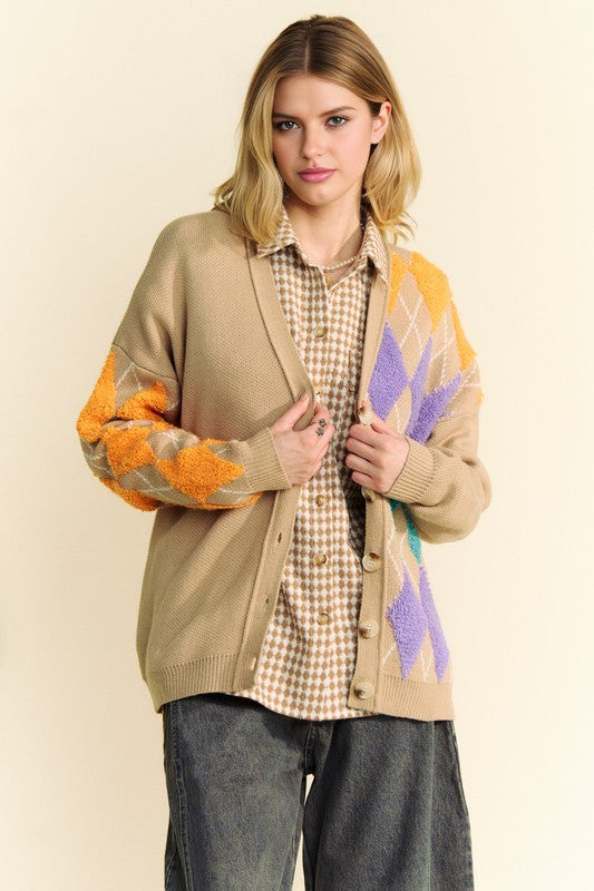 Davi & Dani Argyle V-Neck Dropped Shoulder Cardigan - Teresa's Fashionista LLC
