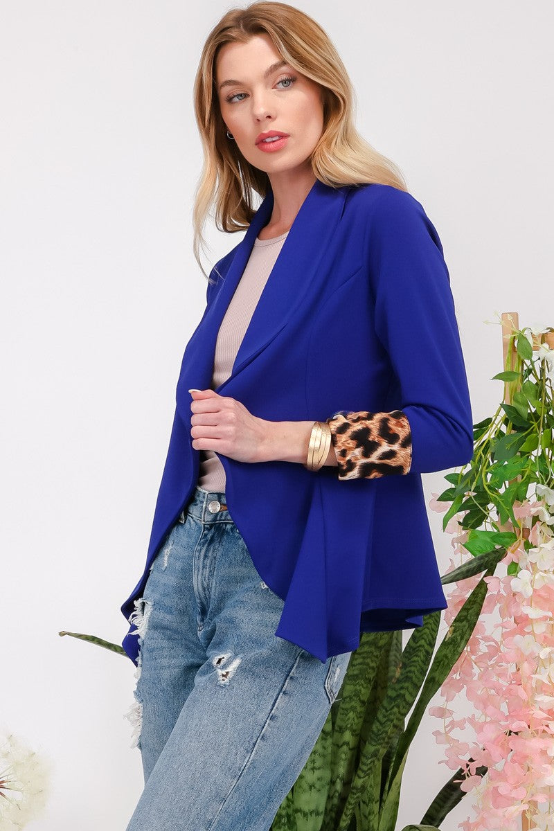 Celeste Full Size Rolled Leopard Cuff Open Front Blazer - Teresa's Fashionista LLC