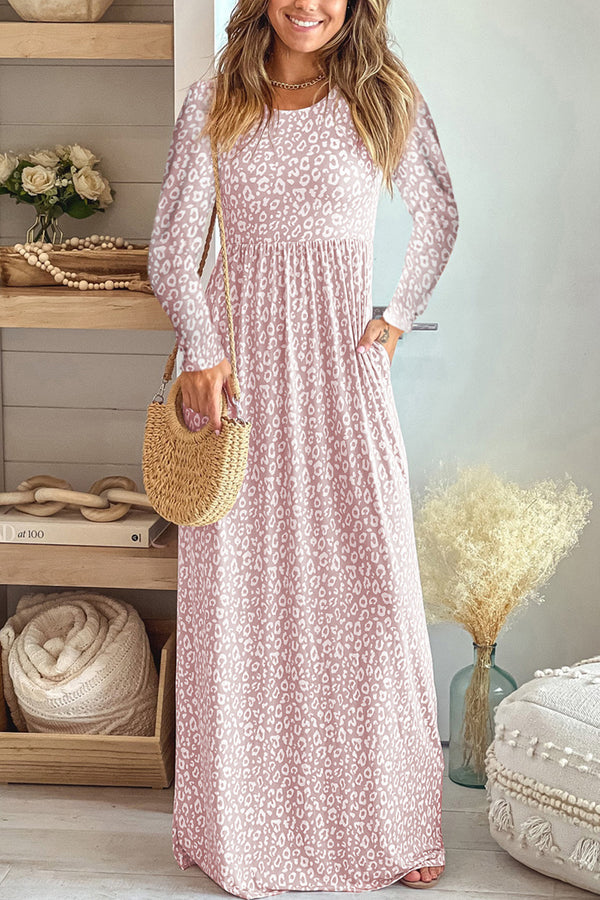 Leopard Round Neck Long Sleeve Maxi Dress-Teresa's Fashionista LLC
