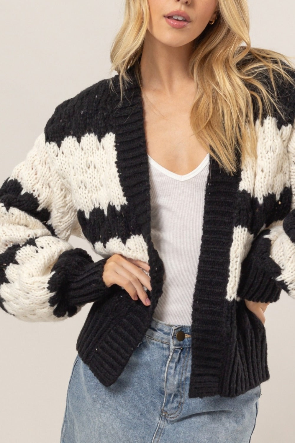 HYFVE Scallop Striped Open Front Long Sleeve Sweater Cardigan - Teresa's Fashionista LLC