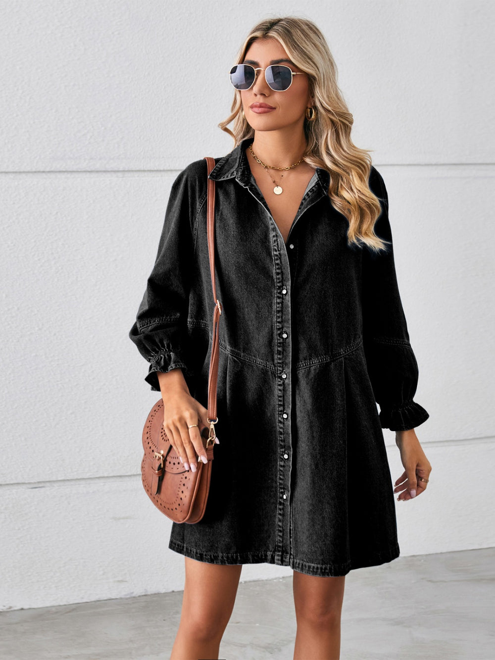 Button Up Flounce Sleeve Mini Denim Dress-Teresa's Fashionista LLC