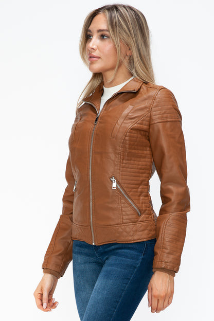 YMI Faux Layered Double-Zipper Jacket with Fuzzy Hood - Teresa's Fashionista LLC