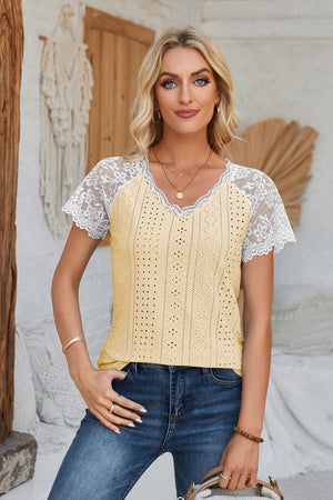 Eyelet V-Neck Lace Short Sleeve T-Shirt-Teresa's Fashionista LLC