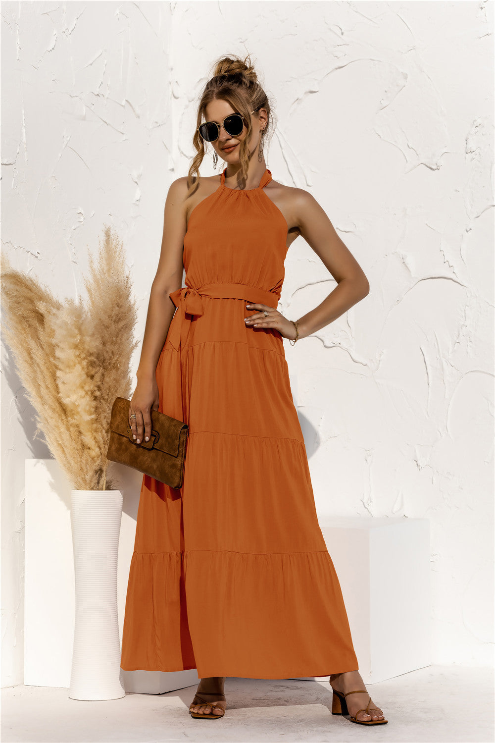 Halter Neck Tie Waist Tiered Maxi Dress-Teresa&#39;s Fashionista LLC