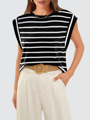 Striped Round Neck Cap Sleeve T-Shirt-Teresa's Fashionista LLC