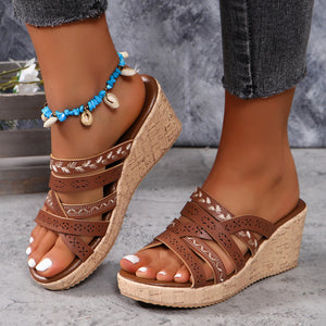 PU Leather Crisscross Wedge Sandals-Teresa's Fashionista LLC