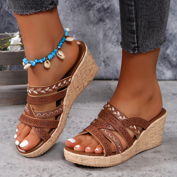 PU Leather Crisscross Wedge Sandals-Teresa's Fashionista LLC