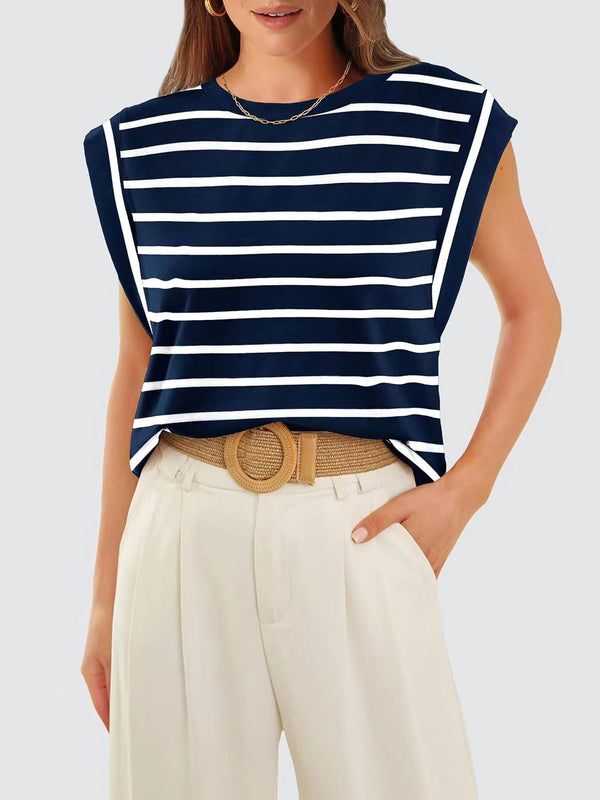Striped Round Neck Cap Sleeve T-Shirt-Teresa's Fashionista LLC