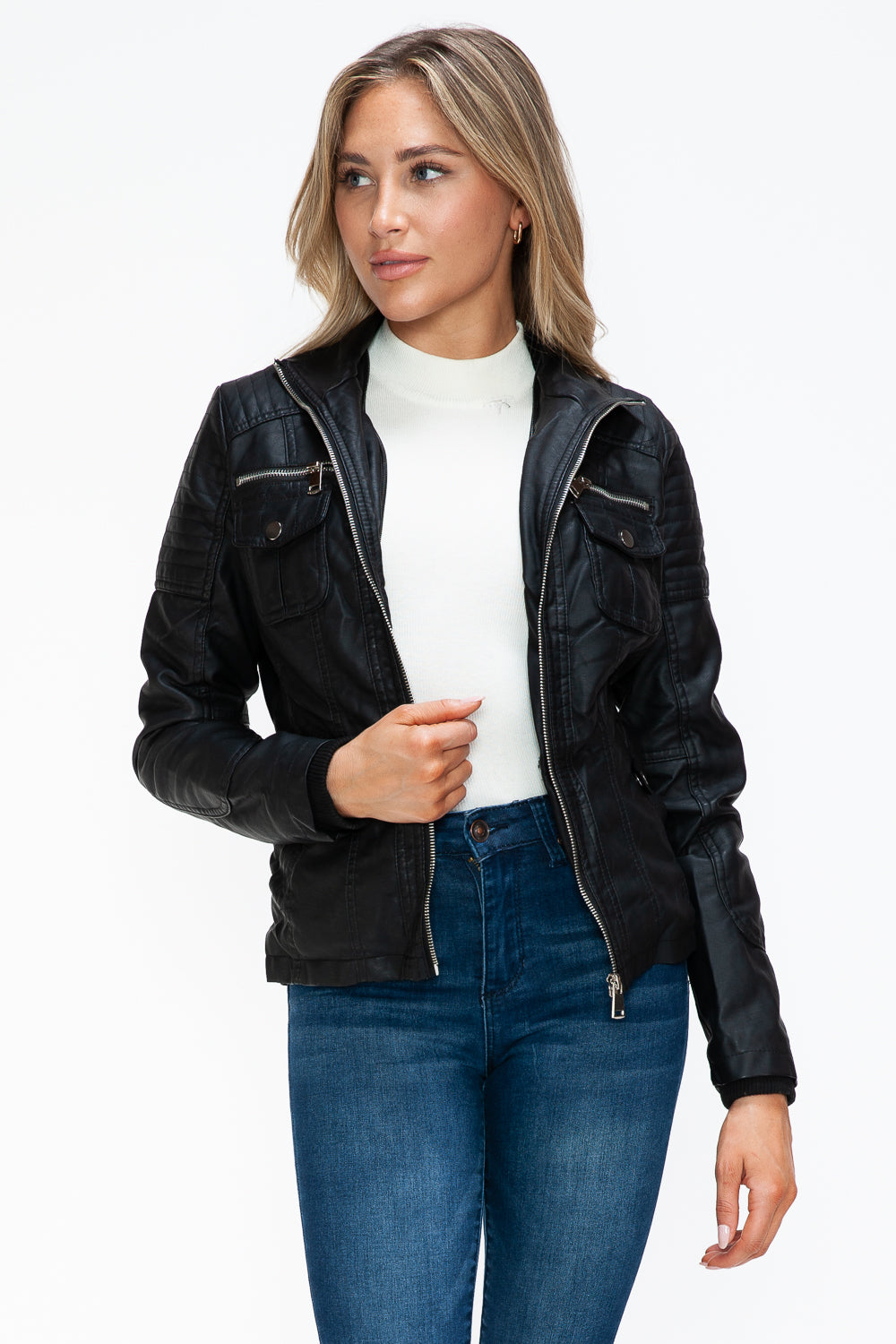 YMI Removable Faux Layered Multi-Pocket Jacket with Fuzzy Hood - Teresa's Fashionista LLC