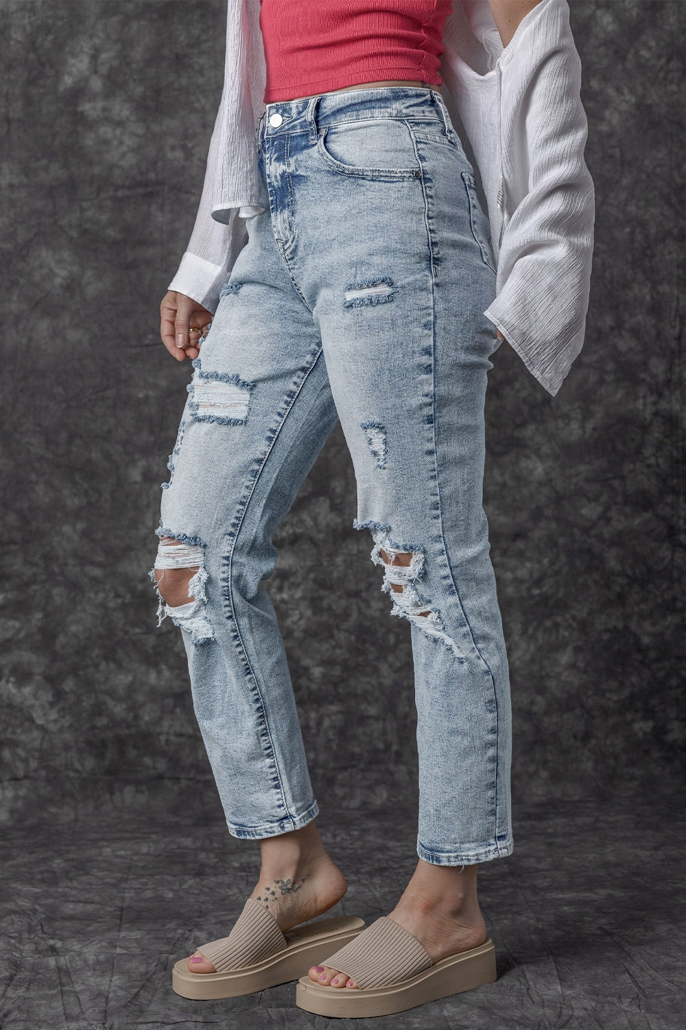 Distressed High Waist Jeans-Teresa&#39;s Fashionista LLC
