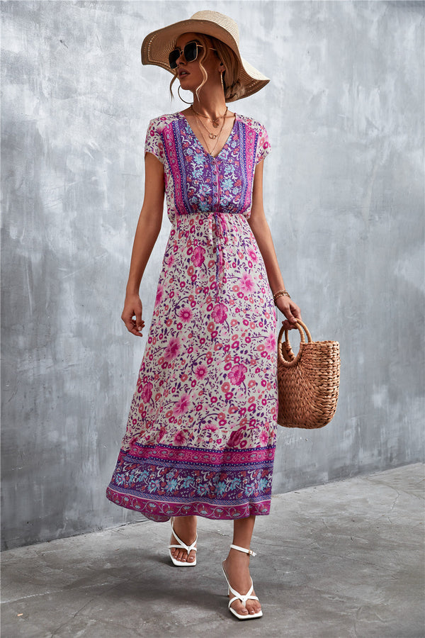 V-Neck Short Sleeve Printed Maxi Dress-Teresa's Fashionista LLC