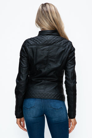 YMI Faux Layered Double-Zipper Jacket with Fuzzy Hood - Teresa's Fashionista LLC