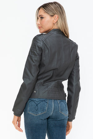 Snobbish PU Leather Biker Jacket with Side Zip Pockets - Teresa's Fashionista LLC