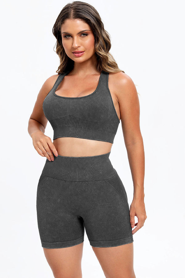 3 Piece Washed Square Neck Wide Strap Active Set-Teresa's Fashionista LLC