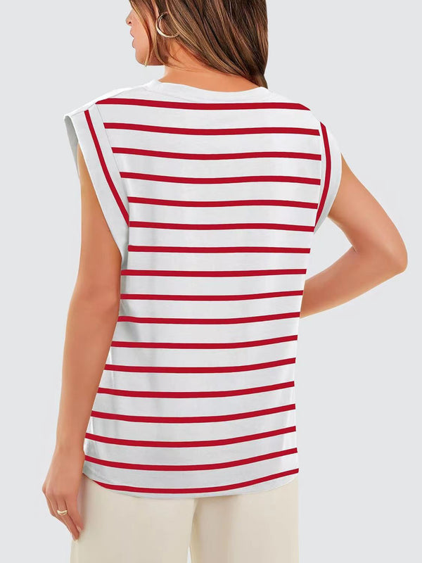 Striped Round Neck Cap Sleeve T-Shirt-Teresa's Fashionista LLC