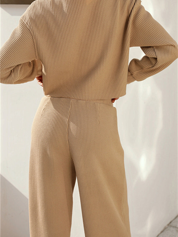 Waffle-Knit Round Neck Top and Pants Set-Teresa's Fashionista LLC