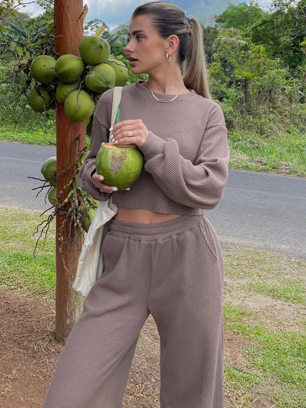 Waffle-Knit Round Neck Top and Pants Set-Teresa's Fashionista LLC