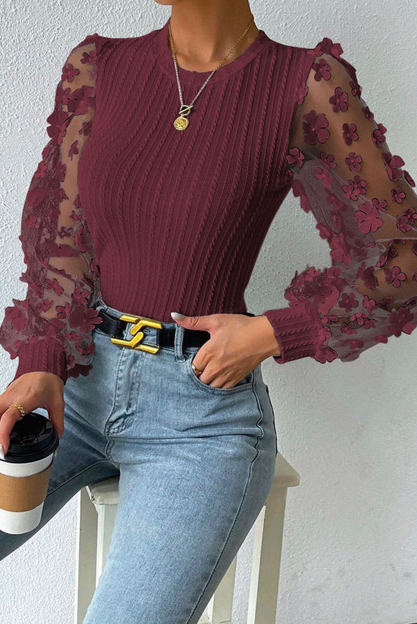 Textured Applique Long Sleeve Blouse-Teresa's Fashionista LLC