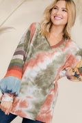 Celeste Full Size Tie-Dye Contrast Striped V-Neck Long Sleeve Blouse - Teresa's Fashionista LLC