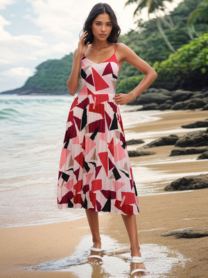 Pleated Geometric Spaghetti Strap Dress-Teresa's Fashionista LLC