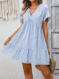 Plaid V-Neck Ruffle Hem Mini Dress