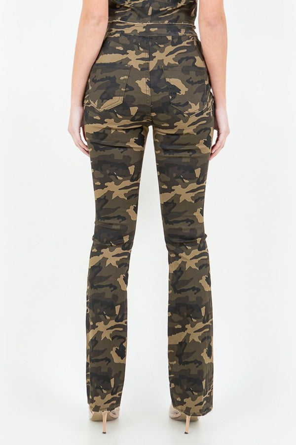 American Bazi V-Cut Ruched Camo Flare Pants - Teresa's Fashionista LLC