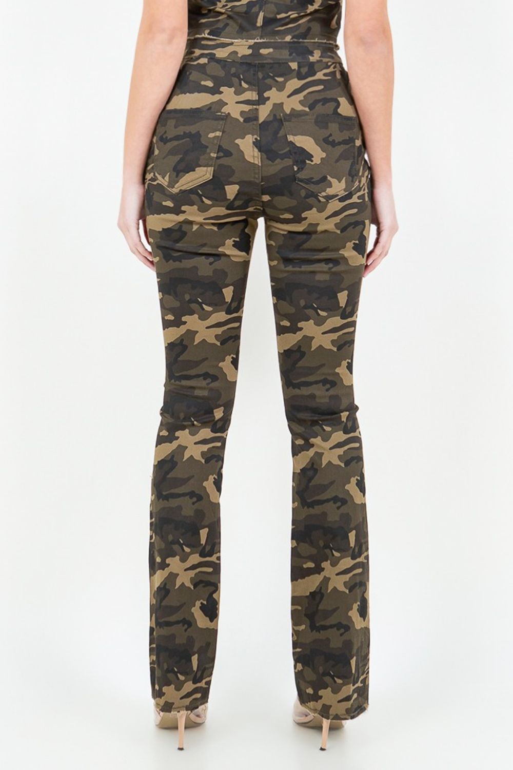 American Bazi V-Cut Ruched Camo Flare Pants - Teresa's Fashionista LLC