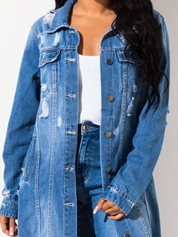 Long Sleeve Raw Hem Denim Jacket-Teresa's Fashionista LLC