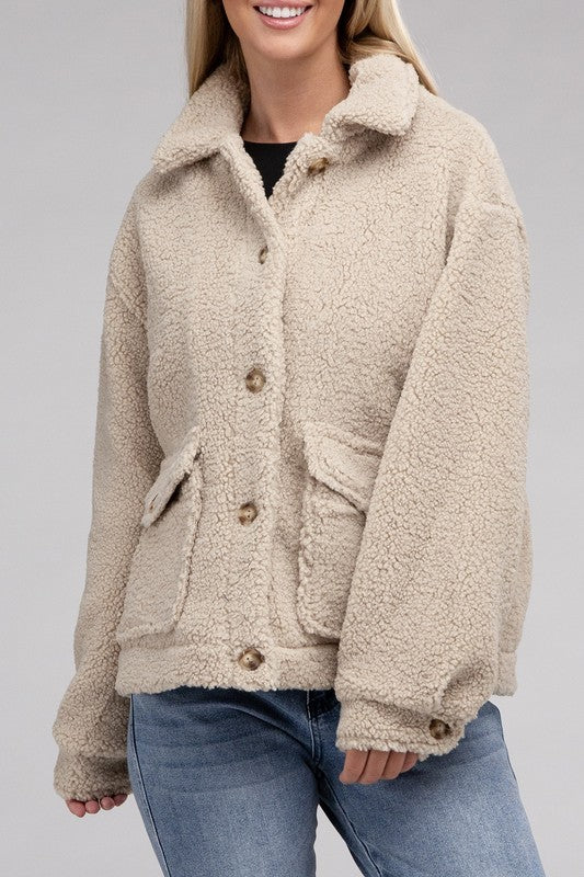 Cozy Sherpa Button-Front Jacket-Teresa's Fashionista LLC