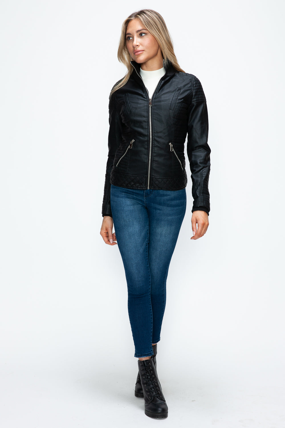 YMI Faux Layered Double-Zipper Jacket with Fuzzy Hood - Teresa's Fashionista LLC