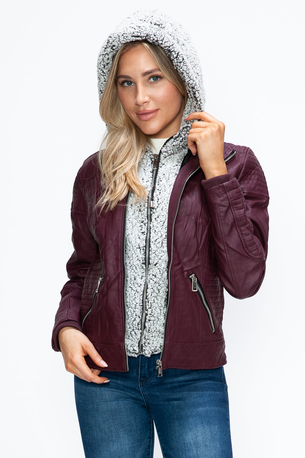 YMI Faux Layered Double-Zipper Jacket with Fuzzy Hood - Teresa's Fashionista LLC