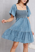 Smocked Square Neck Mini Denim Dress-Teresa's Fashionista LLC