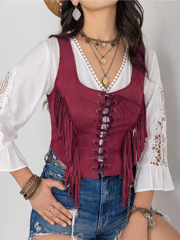 Fringe Lace-Up Vest-Teresa's Fashionista LLC