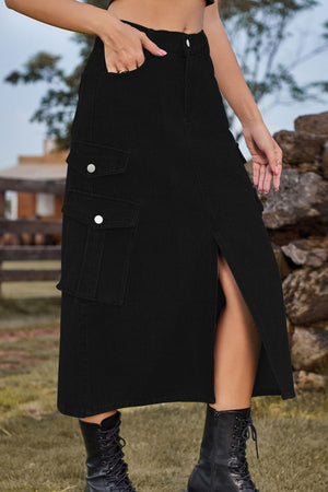 Slit Front Midi Denim Skirt with Pockets-Teresa's Fashionista LLC