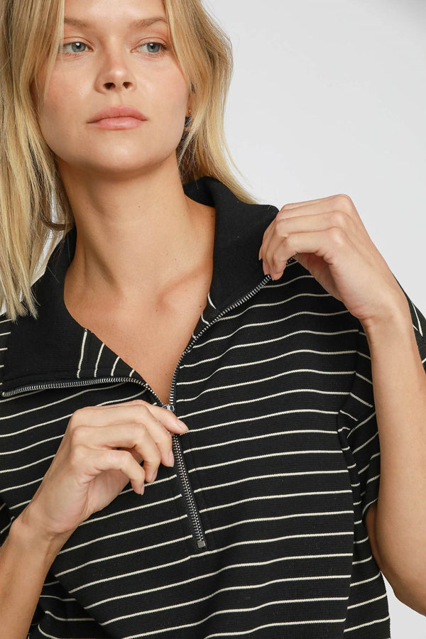 Umgee Striped Half Zip Short Sleeve Sweatshirt - Teresa's Fashionista LLC