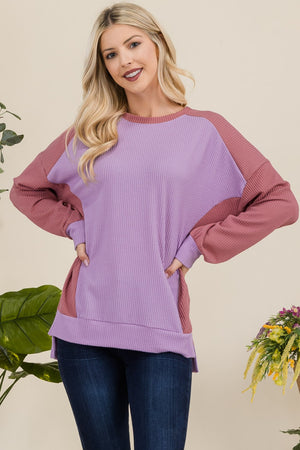 Celeste Full Size High-Low Contrast Round Neck Sweatshirt - Teresa's Fashionista LLC