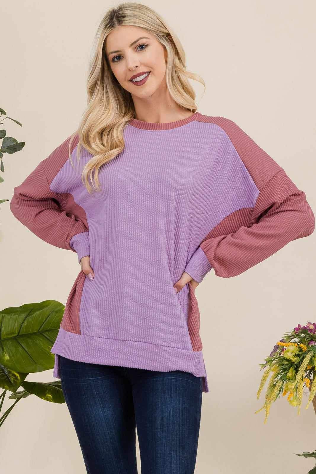 Celeste Full Size High-Low Contrast Round Neck Sweatshirt - Teresa's Fashionista LLC