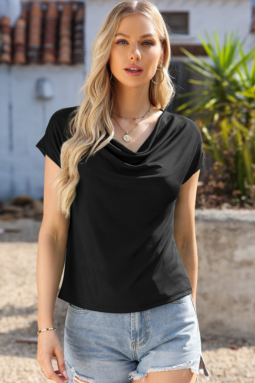 Cowl Neck Short Sleeve T-Shirt-Teresa's Fashionista LLC