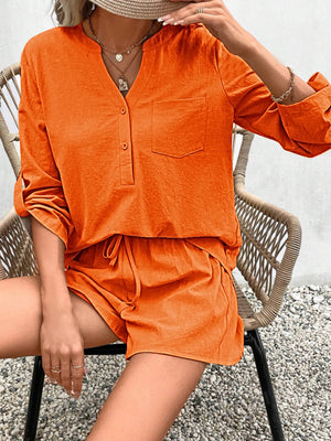 Notched Long Sleeve Top and Shorts Set-Teresa's Fashionista LLC