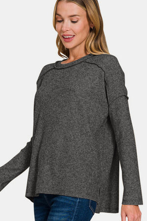 Zenana Full Size Exposed Seam Brushed Round Neck Sweater - Teresa's Fashionista LLC