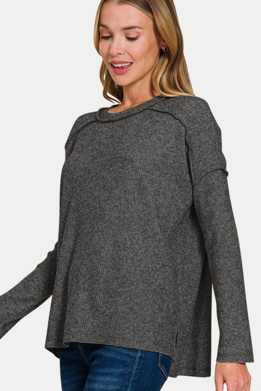 Zenana Full Size Exposed Seam Brushed Round Neck Sweater - Teresa's Fashionista LLC