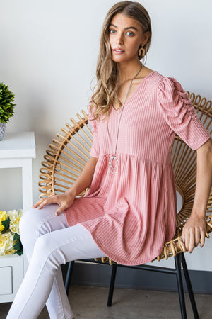 Heimish Full Size Waffle Knit V-Neck Babydoll Top-Teresa's Fashionista LLC