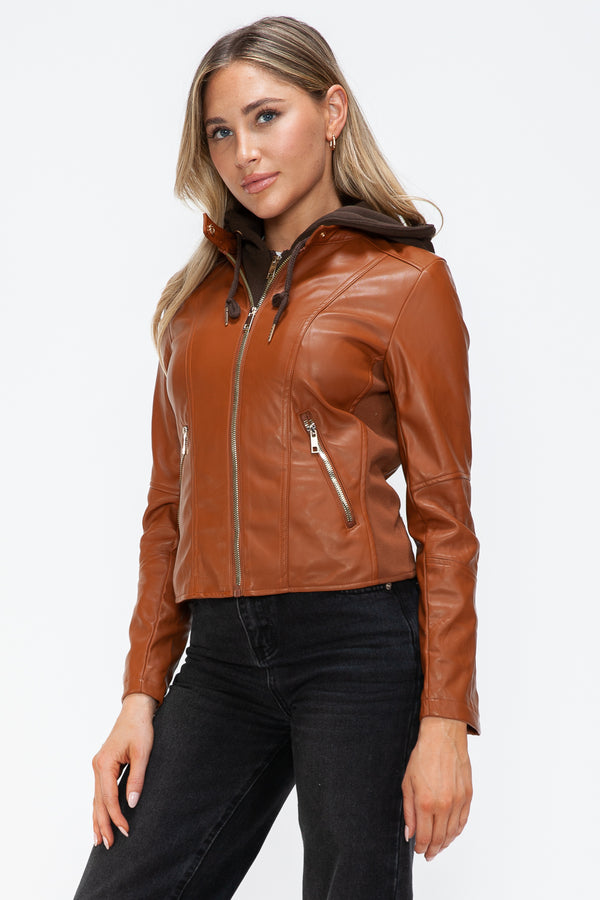 Snobbish Faux Leather Zip Up Drawstring Hooded Jacket - Teresa's Fashionista LLC