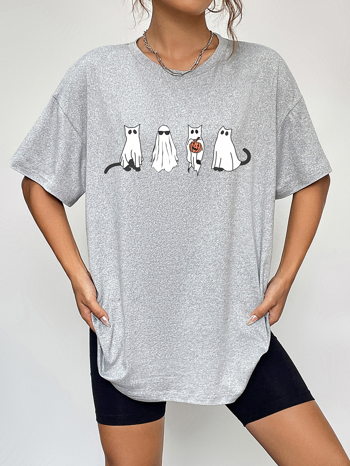 Round Neck Short Sleeve Ghost Graphic T-Shirt - Teresa's Fashionista LLC